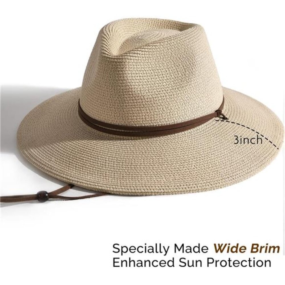 Womens Summer Straw Sun Hats Wide Brim Panama Fedora Beach Hat with Wind Lanyard - Picture 4 of 7